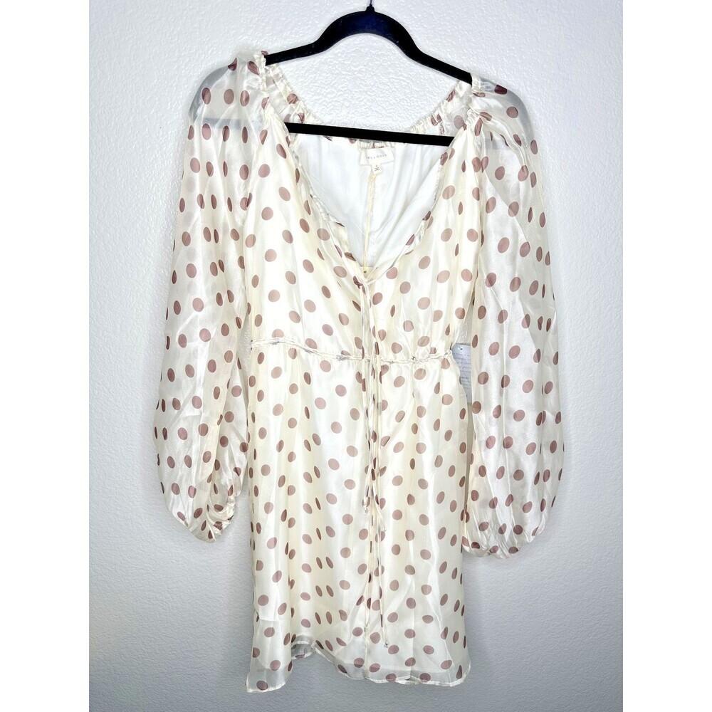 NEW Melloday Dress Womens Small Long Sleeve V Neck Satin Sheer Ivory Polka Dot